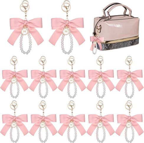 Homaisson 12 PCS Bink Bow Keychains ، Coquette Keychains مع Decoration Pearl ، Cheer Bow Keychain ، Pink Fabric Bow zinc keychain brow for الأكياس والمفاتيح والملحقات in Kuwait