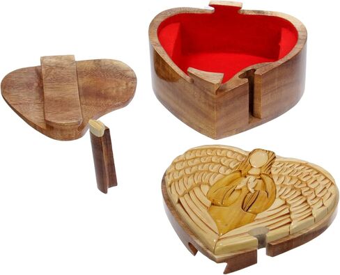 Handcrafted Wooden Heart/Art Shape Secret Jewelry Puzzle Box - Virgin Mary in Saudi Arabia
