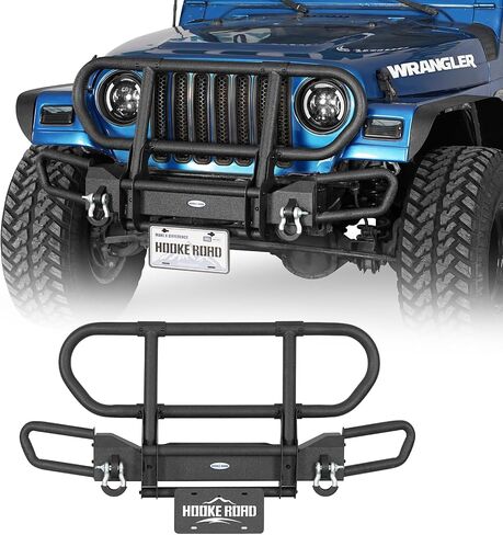 Hooke Road TJ Tubular Front Bumper Brush Grille Grille For 1987-2006 Jeep Wrangler YJ TJ ، Rock Crawler Pumper with Bull Bar ، D-Rings ، Plate Mount in Saudi Arabia