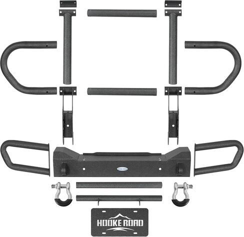 Hooke Road TJ Tubular Front Bumper Brush Grille Grille For 1987-2006 Jeep Wrangler YJ TJ ، Rock Crawler Pumper with Bull Bar ، D-Rings ، Plate Mount in Saudi Arabia
