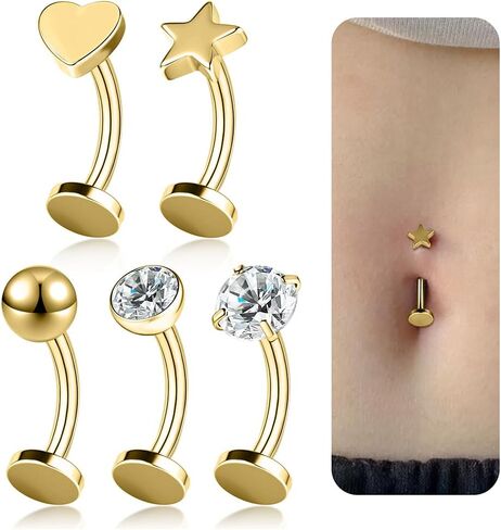 5pcs حلقة زر البطن العائمة للنساء 14G Hypoallergenic الفولاذ الجراحي الفولاذ المسطح خواتم بطن بطن داخلي ملولب البطن الجذور الصغيرة تشيك ستايل in Kuwait