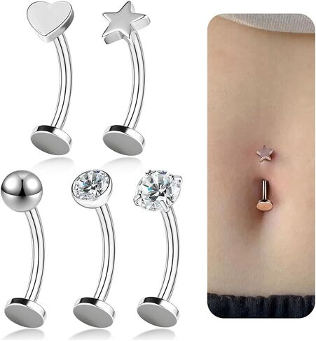 5pcs حلقة زر البطن العائمة للنساء 14G Hypoallergenic الفولاذ الجراحي الفولاذ المسطح خواتم بطن بطن داخلي ملولب البطن الجذور الصغيرة تشيك ستايل in Kuwait