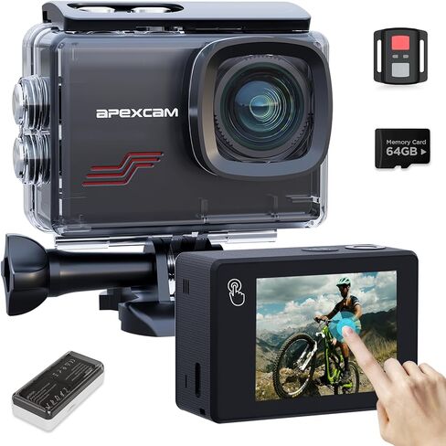 Apexcam Action Camera 4K with 64GB Card, HD 60FPS 48MP Sports Camera for Vlogging, 40M Waterproof Camera Underwater, 170 ° Wide Angle WiFi Camcorder, 8X Zoom, Remote Control, Helmet Mount Accessories in Kuwait