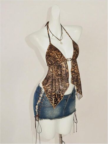 Halter Leopard Halter Top Y2K Cheetah بلا أكمام مفتوحة الصيف الخروج من قمم in Saudi Arabia