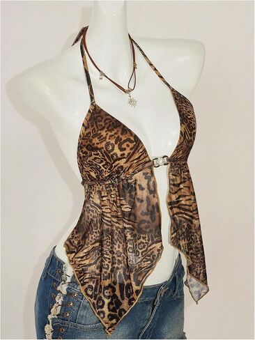 Halter Leopard Halter Top Y2K Cheetah بلا أكمام مفتوحة الصيف الخروج من قمم in Saudi Arabia