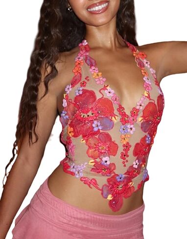 UAURORAO Women Floral Mesh Tank Top Y2K Flower Embroidery Sheer Halter Crop Tops See Through Tie Up Backless Camisole in Saudi Arabia