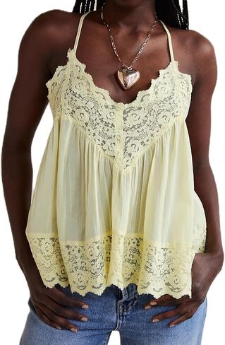Women Sleeveless Tank Tops Lace Solid Color See Through Spaghetti Strap Cami Shirts V Neck Backless Smocked Tops in Kuwait