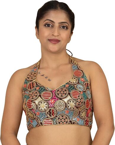 FIGURE'S DESIGNER Women's Sequin Gold Embroidered Halter Neck Sleeveless Readymade Indian Saree Blouse E13 in Kuwait