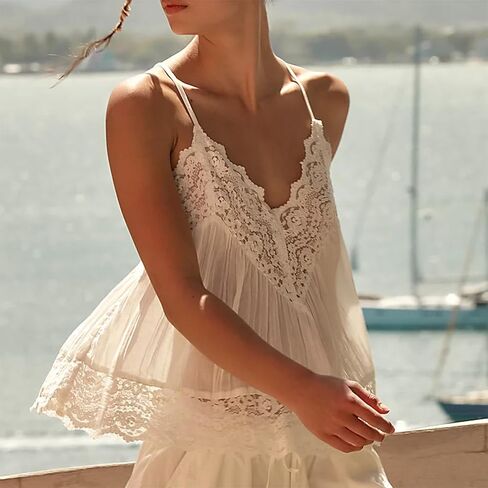 Women Sleeveless Tank Tops Lace Solid Color See Through Spaghetti Strap Cami Shirts V Neck Backless Smocked Tops in Kuwait