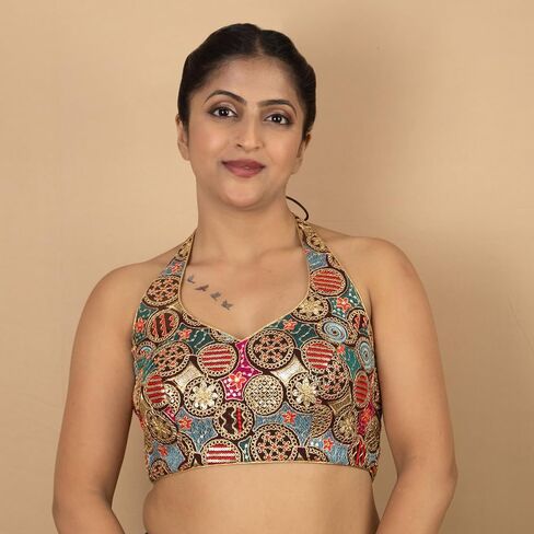 FIGURE'S DESIGNER Women's Sequin Gold Embroidered Halter Neck Sleeveless Readymade Indian Saree Blouse E13 in Kuwait