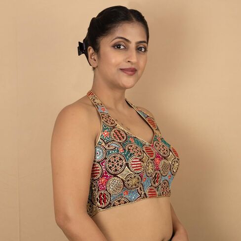 FIGURE'S DESIGNER Women's Sequin Gold Embroidered Halter Neck Sleeveless Readymade Indian Saree Blouse E13 in Kuwait