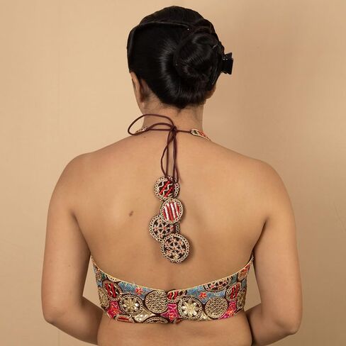 FIGURE'S DESIGNER Women's Sequin Gold Embroidered Halter Neck Sleeveless Readymade Indian Saree Blouse E13 in Kuwait