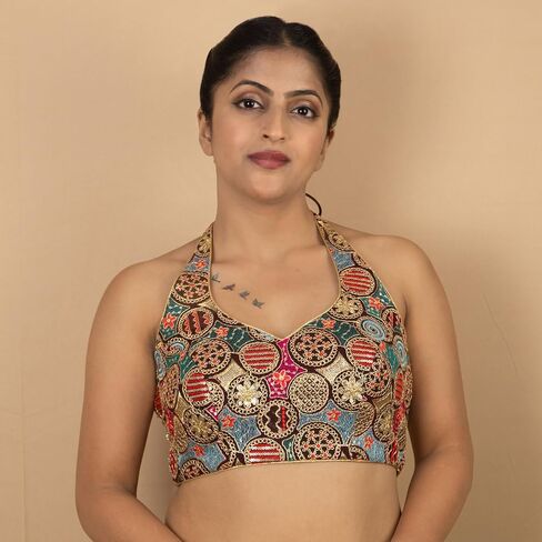 FIGURE'S DESIGNER Women's Sequin Gold Embroidered Halter Neck Sleeveless Readymade Indian Saree Blouse E13 in Kuwait