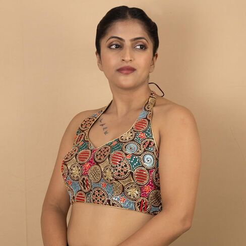 FIGURE'S DESIGNER Women's Sequin Gold Embroidered Halter Neck Sleeveless Readymade Indian Saree Blouse E13 in Kuwait