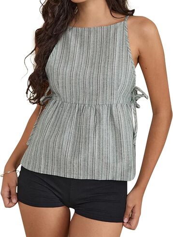 Women Y2k Babydoll Tank Top Cute Tie Up Front Sleeveless Peplum Top Vintage Plaid Cami Tops Coquette Streetwear in Saudi Arabia