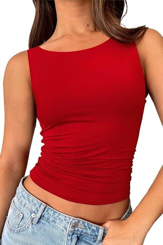ForeFair Boat Neck Tank Tops for Women - Double Lined Going Out Top Basic Summer Cute Ruched in Saudi Arabia