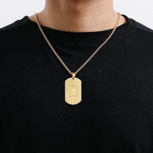 Asoqola Dog Tag Cross Necklace for Men ، قلادة قلادة من الفولاذ المقاوم للصدأ من الفولاذ المقاوم للصدأ مع سلسلة 24 بوصة ، هدية مجوهرات وطنية ملهمة للرجال ، الأسود in Kuwait