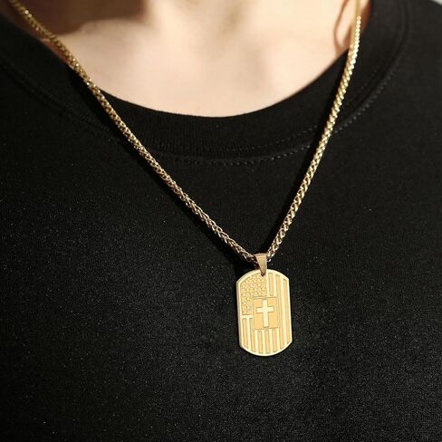 Asoqola Dog Tag Cross Necklace for Men ، قلادة قلادة من الفولاذ المقاوم للصدأ من الفولاذ المقاوم للصدأ مع سلسلة 24 بوصة ، هدية مجوهرات وطنية ملهمة للرجال ، الأسود in Kuwait