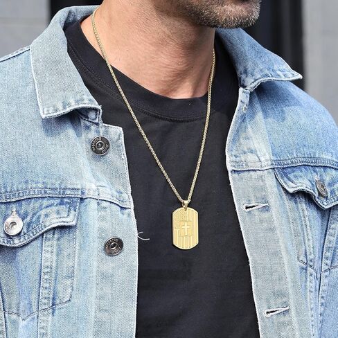 Asoqola Dog Tag Cross Necklace for Men ، قلادة قلادة من الفولاذ المقاوم للصدأ من الفولاذ المقاوم للصدأ مع سلسلة 24 بوصة ، هدية مجوهرات وطنية ملهمة للرجال ، الأسود in Kuwait