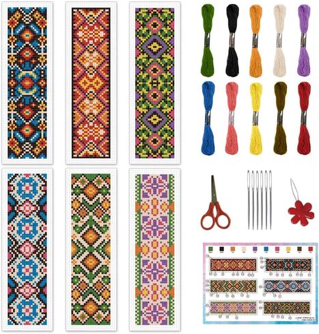 INFUNLY 6 Sets Retro Plant Flowers Cross Stitch Bookmark Kits for Beginners 22*8cm DIY Stamped Embroidery Bookmarks Kits with Instruction Full Kit of Handmade Cross Stitch Bookmark for Reader Lovers in Saudi Arabia