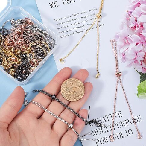 1 Box 32Pcs Slider Chain Bracelet Adjustable Slider Chain Gold Extender Chains with Rhinestone Ball Ends Brass Slider Beads Findings for Jewelry Making Chains Supplies DIY Women Bracelets in Saudi Arabia