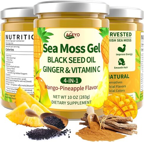 Aceyo Sea Moss Gel - Moss Sea Sea Wildcrafted مع زيت البذور الأسود والزنجبيل ، الغني بالمعادن والفيتامينات ، والمناعة والدعم الصحي ، غير المعدلة وراثيا ، نباتي ، نكهة الأناناس المانجو ، 10 أوقية (حزمة 1) in Kuwait