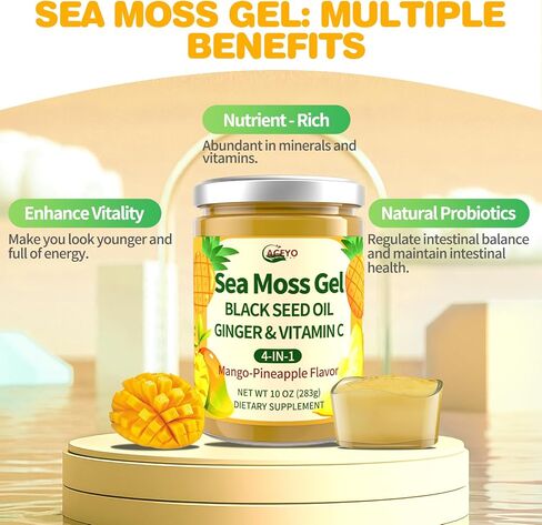 Aceyo Sea Moss Gel - Moss Sea Sea Wildcrafted مع زيت البذور الأسود والزنجبيل ، الغني بالمعادن والفيتامينات ، والمناعة والدعم الصحي ، غير المعدلة وراثيا ، نباتي ، نكهة الأناناس المانجو ، 10 أوقية (حزمة 1) in Kuwait