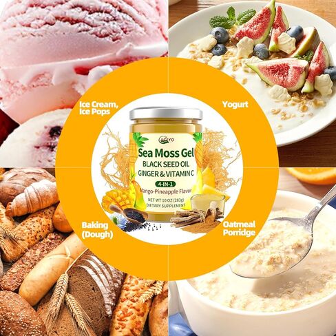 Aceyo Sea Moss Gel - Moss Sea Sea Wildcrafted مع زيت البذور الأسود والزنجبيل ، الغني بالمعادن والفيتامينات ، والمناعة والدعم الصحي ، غير المعدلة وراثيا ، نباتي ، نكهة الأناناس المانجو ، 10 أوقية (حزمة 1) in Kuwait
