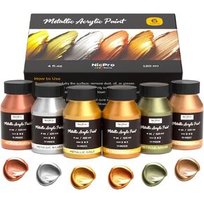 Nicpro Acrylic Paint Metallic, 3 Colors Gold, Silver, Copper 8.45oz/250ml Gold Leaf Paint, Non Toxic, Non Fading for Art Painting, Handcrafts, Ideal for Multi-surface, Canvas, Wood, Clay, Metal in Kuwait