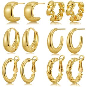 Gold Hoop Earrings Set for Women, 6 Pairs 14K Gold Plated Lightweight Hypoallergenic Chunky Open Hoops Jewelry in Saudi Arabia