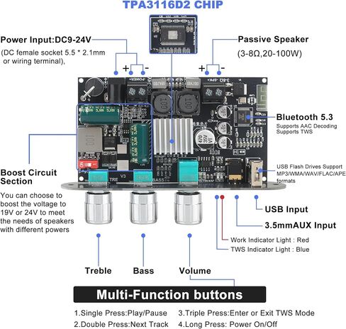 ZK-1002T 100W+100W لوحة مضخم طاقة ، رقاقة TPA3116D2 مع مدخلات Bluetooth و AUX ، مضخم طاقة صوتية 2.0 قناة in Kuwait