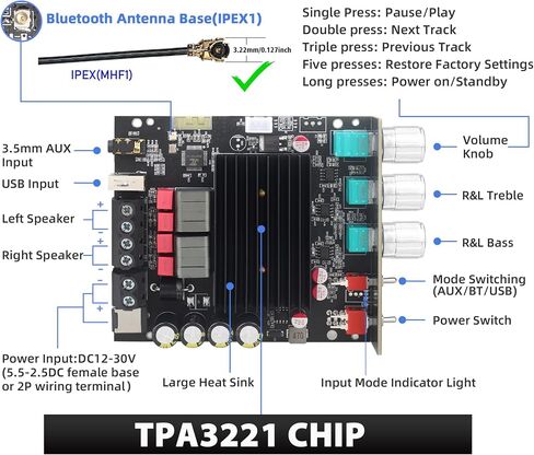 ZK-1002T 100W+100W لوحة مضخم طاقة ، رقاقة TPA3116D2 مع مدخلات Bluetooth و AUX ، مضخم طاقة صوتية 2.0 قناة in Kuwait