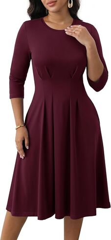 Nmoder Women's Church Midi Dress Cocktail A Line 3/4 Sleeve Crew Neck Pleated Waisted Casual Dresses with Pockets in Kuwait