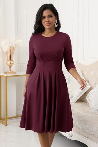 Nmoder Women's Church Midi Dress Cocktail A Line 3/4 Sleeve Crew Neck Pleated Waisted Casual Dresses with Pockets in Kuwait