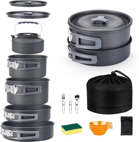 Alocs 17pcs Camping Cookware Camp Kitchen Set with Kettle, Aluminum Camping Cooking Set Backpacking Gear for Hiking,Traveling,Climbing and Picnic in Kuwait