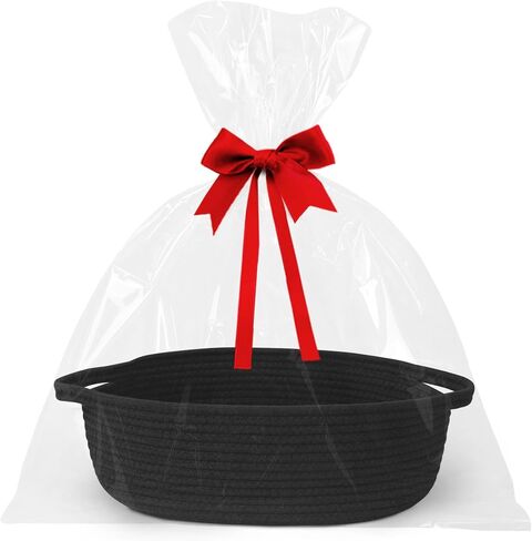 Small Baskets for Gifts Empty, 13"x 9"x 5" Woven Gift Basket with Bag and Ribbon, Cotton Rope Kids Dog Cat Toy Bin Box, Cute Baby Nursery Organizer, Decorative Storage with Handles (Black) in Saudi Arabia