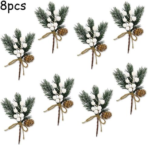 8pc Christmas Berries Red Stems Evergreen Pine Branch, Christmas Picks Spray Artificial Pine Cones Holly Stem Craft Winter Holiday Floral Picks for Décor DIY Xmas Garland Wreath Ornament(0129) in Saudi Arabia