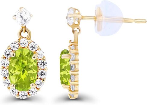 صلبة 14K الذهب 6.50x13mm هالة بيضاوية الحجر الأصلي للأقراط متدلية للنساء | 6x4mm جولة المولد | 1 ملم خلقت أقراط هالة الياقوت الأبيض للنساء in Kuwait