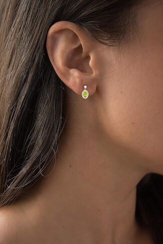 صلبة 14K الذهب 6.50x13mm هالة بيضاوية الحجر الأصلي للأقراط متدلية للنساء | 6x4mm جولة المولد | 1 ملم خلقت أقراط هالة الياقوت الأبيض للنساء in Kuwait