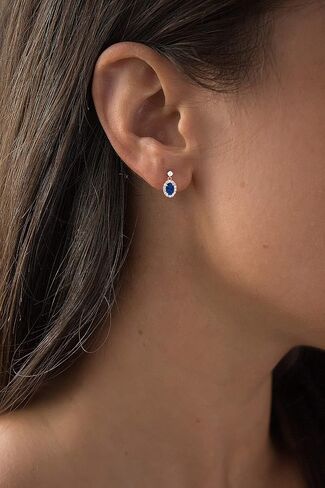 صلبة 14K الذهب 6.50x13mm هالة بيضاوية الحجر الأصلي للأقراط متدلية للنساء | 6x4mm جولة المولد | 1 ملم خلقت أقراط هالة الياقوت الأبيض للنساء in Kuwait