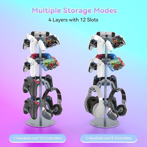 Controller Stand Compatible with Xbox PS5 PS4 Nintendo Switch, 3 Tiers Aluminum Gaming Headset Stand, Rotatable Headphone Controller Holder Organizer Rack, Universal & Large Capacity (Silver) in Kuwait