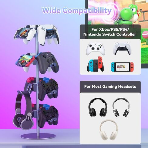Controller Stand Compatible with Xbox PS5 PS4 Nintendo Switch, 3 Tiers Aluminum Gaming Headset Stand, Rotatable Headphone Controller Holder Organizer Rack, Universal & Large Capacity (Silver) in Kuwait