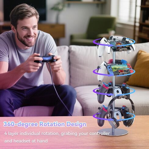 Controller Stand Compatible with Xbox PS5 PS4 Nintendo Switch, 3 Tiers Aluminum Gaming Headset Stand, Rotatable Headphone Controller Holder Organizer Rack, Universal & Large Capacity (Silver) in Kuwait