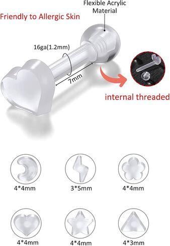 PiercingJ Clear Acrylic Cartilage Earrings 16G Plastic Tongue Tragus Ring Cute Heart Star Nose Lip Stud Barbell Black Helix Piercing Retainer for Sports Surgery Work in Saudi Arabia