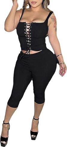 acelyn Women’s Sexy 2 Piece Outfits Sleeveless Capri Sets Tie Up Tank Top & Short Set Summer Pants Set Going Out Club Outfit in Kuwait