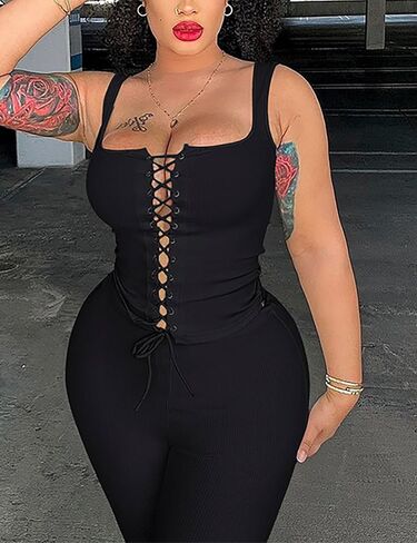 acelyn Women’s Sexy 2 Piece Outfits Sleeveless Capri Sets Tie Up Tank Top & Short Set Summer Pants Set Going Out Club Outfit in Kuwait