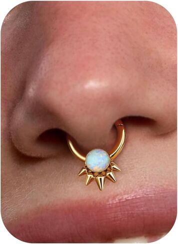 BodyBonita Opal Septum Rings - 16G 316L Surgical Steel Hinged Nose Rings Hoops Septum Jewelry White/Blue/Black Opal Nose Piercings for Women Helix Tragus Rook Daith Piercing Jewelry Gold 8mm 10mm in Saudi Arabia