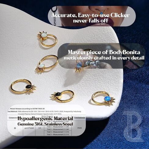 BodyBonita Opal Septum Rings - 16G 316L Surgical Steel Hinged Nose Rings Hoops Septum Jewelry White/Blue/Black Opal Nose Piercings for Women Helix Tragus Rook Daith Piercing Jewelry Gold 8mm 10mm in Saudi Arabia