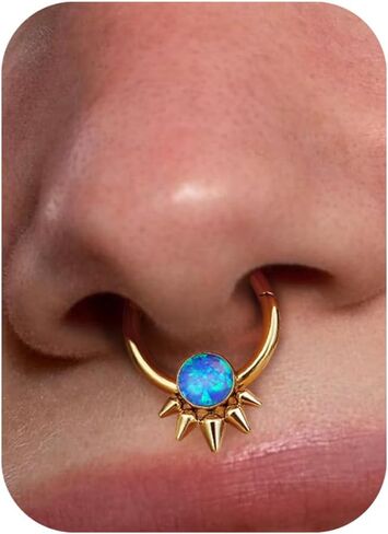 BodyBonita Opal Septum Rings - 16G 316L Surgical Steel Hinged Nose Rings Hoops Septum Jewelry White/Blue/Black Opal Nose Piercings for Women Helix Tragus Rook Daith Piercing Jewelry Gold 8mm 10mm in Saudi Arabia