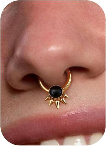 BodyBonita Opal Septum Rings - 16G 316L Surgical Steel Hinged Nose Rings Hoops Septum Jewelry White/Blue/Black Opal Nose Piercings for Women Helix Tragus Rook Daith Piercing Jewelry Gold 8mm 10mm in Saudi Arabia
